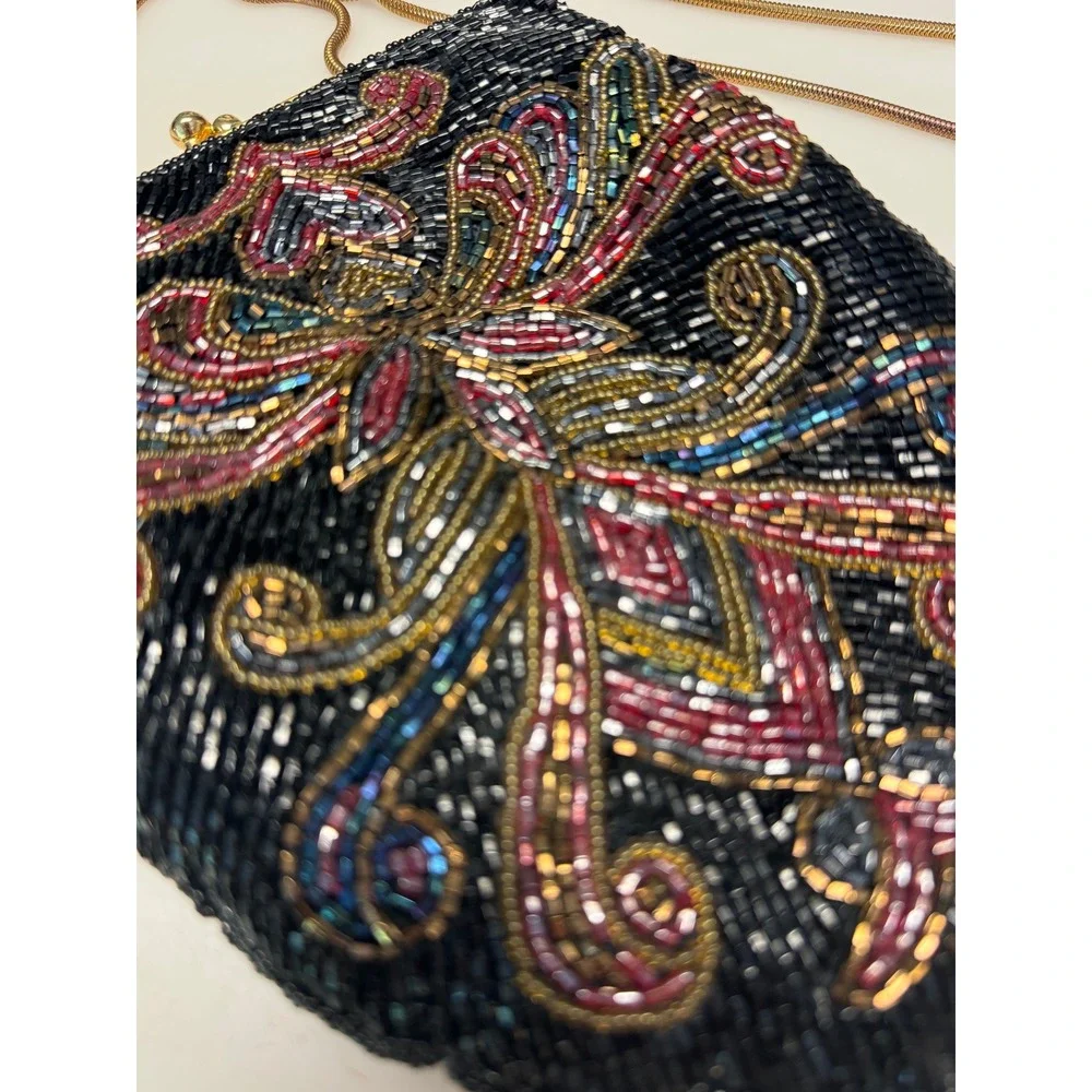 Andre Cellini Vintage Beaded Evening Bag Black Art Deco Gold Kiss‎ Lock Clutch